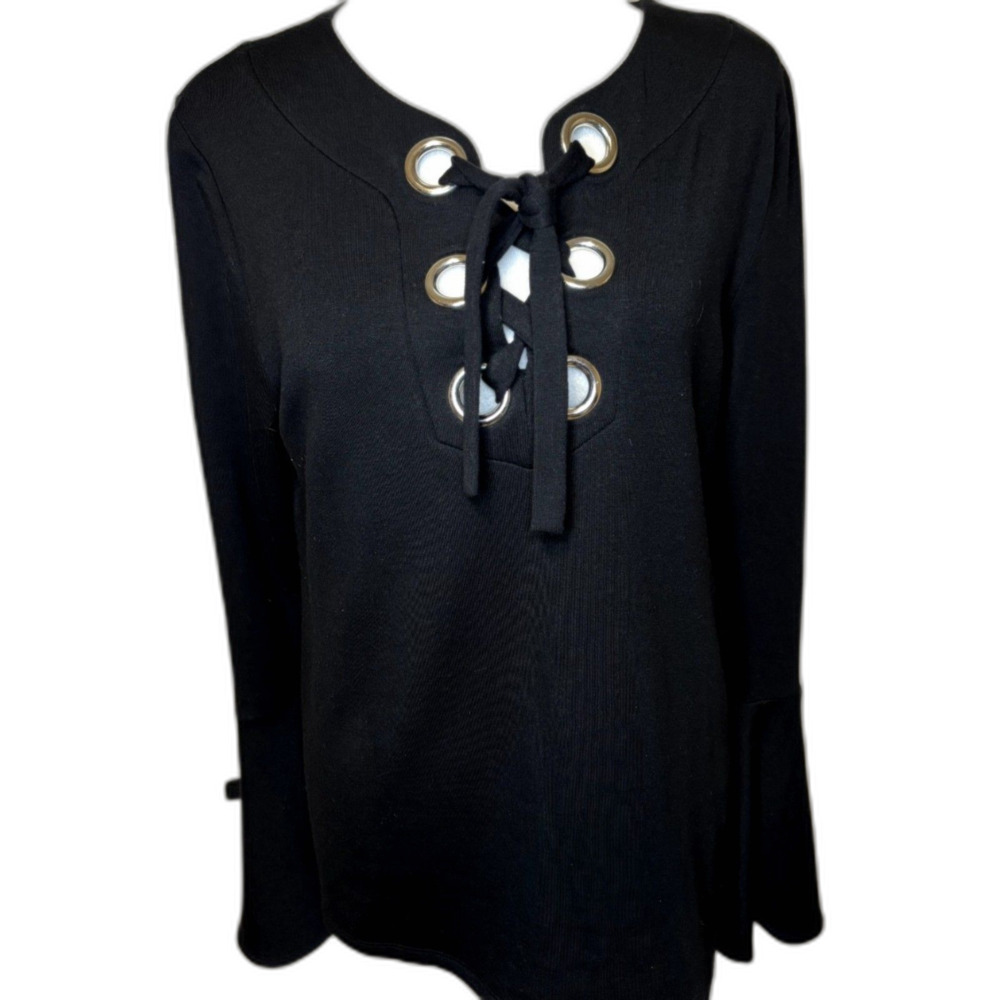 INC International Concepts Lace-Up Grommet Bell Sleeve Top Black Womens - Picture 2 of 8